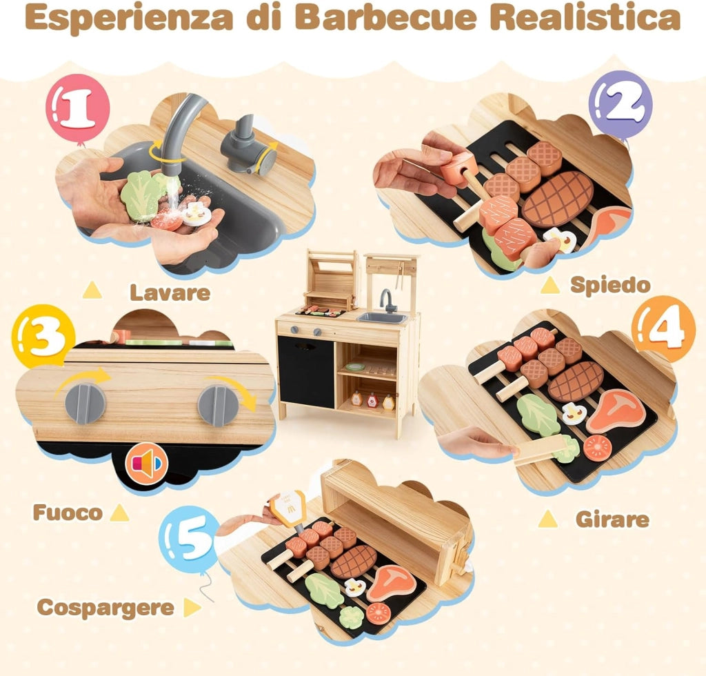 Cucina Giocattolo per Giardino Set di Griglia per Barbecue, Cucina per Bambini in Legno di Abete con Lavagna e Lavello, Set Cucina con 25 Accessori BBQ, 69 x 40 x 90 cm, per Bambini 3+ Anni