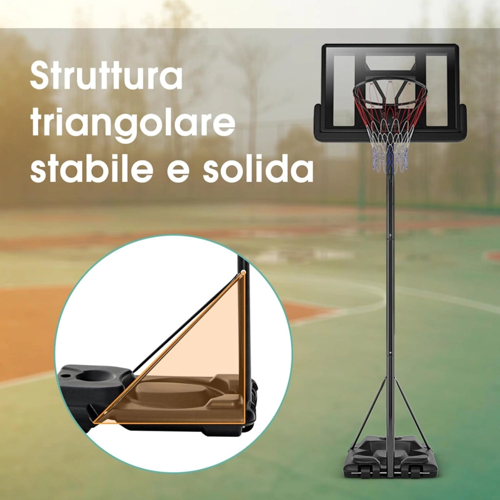 Canestro da Basket Portatile e Regolabile 180-305 cm, Canestro da Basket da Esterno ed Interno con Tabellone Resistente, Rete di Nylon e Base Riempibile, Ideale per Adolescenti e Adulti