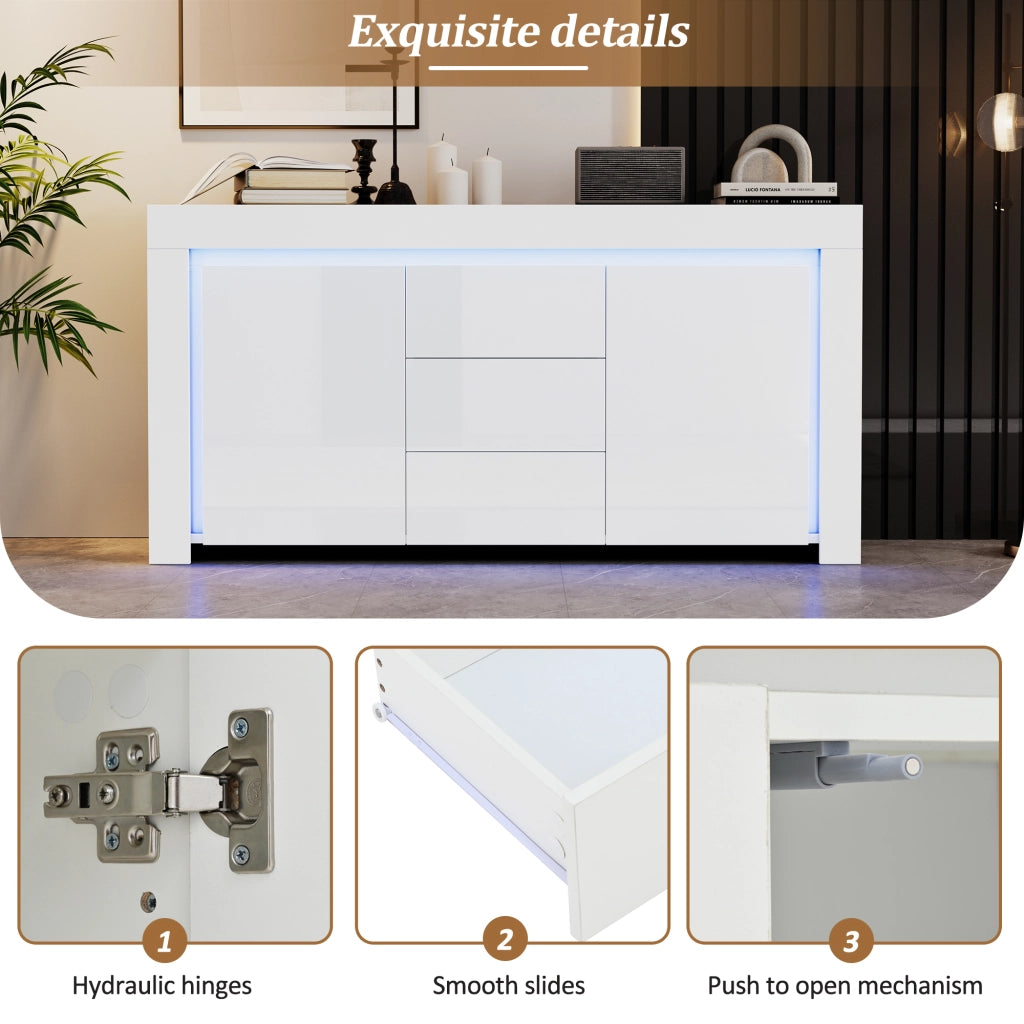 Credenza con 2 ante e 3 cassetti; LED; per soggiorno; in MDF; 140×40×65 cm; bianco