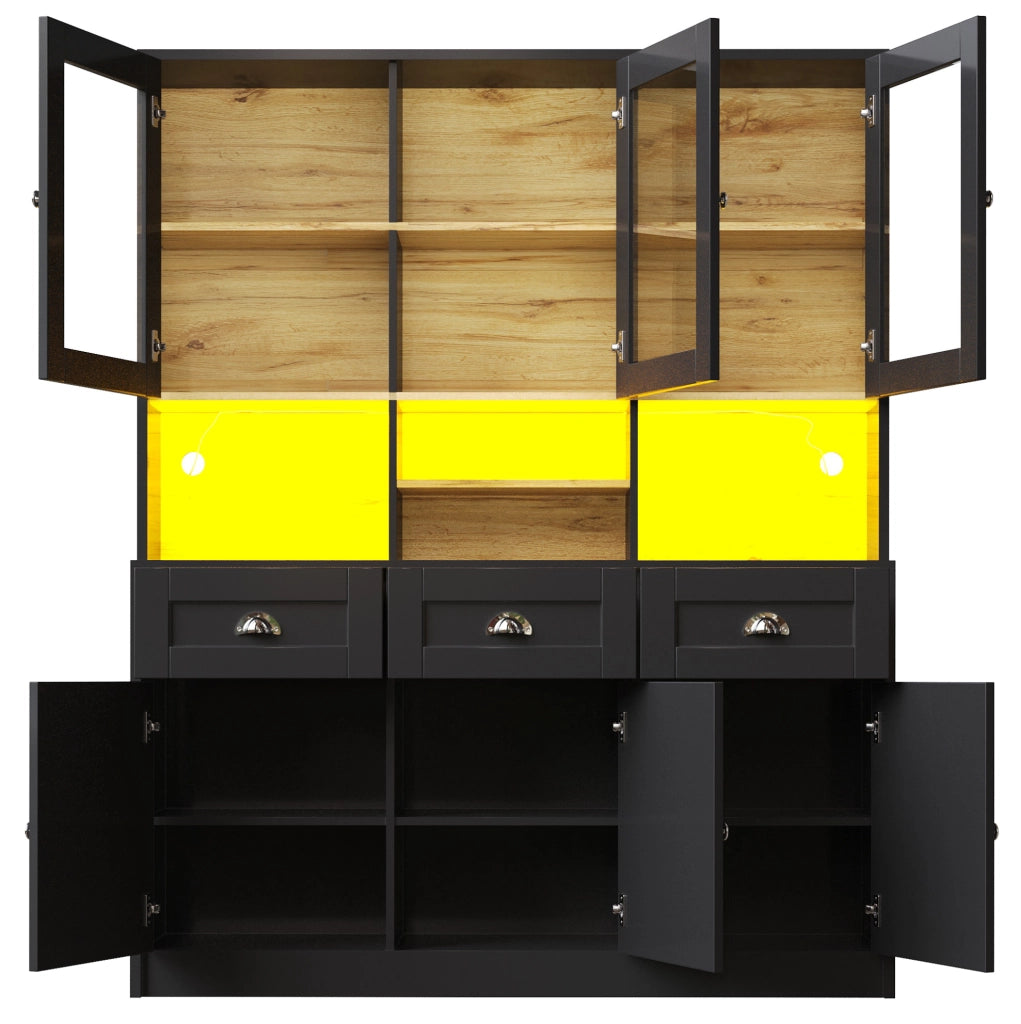 Credenza alta da cucina 140x40x175 cm con LED; 3 cassetti e ripiani regolabili; nera