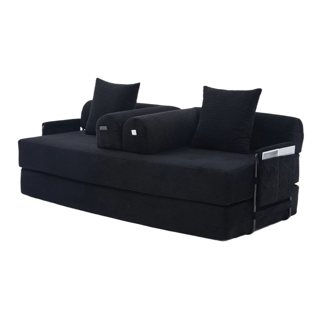 Divano modulare 200x94x67 cm con 3 cuscini; tasca laterale e struttura in metallo in velluto nero