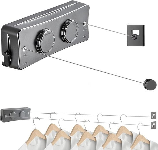 Asse da stendere a muro, 2 x 5,1 m cavi in acciaio inossidabile, asse da stendere a muro estensibile, asse da stendere, muro estensibile per balcone, zona lavanderia, hotel, bagno, camera da letto (due linee grigie)