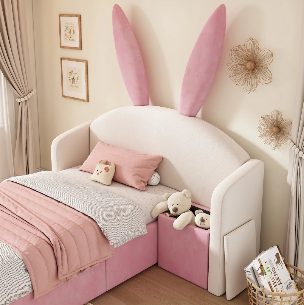 Letto imbottito 90x190 cm in velluto con comodino contenitore; beige e rosa