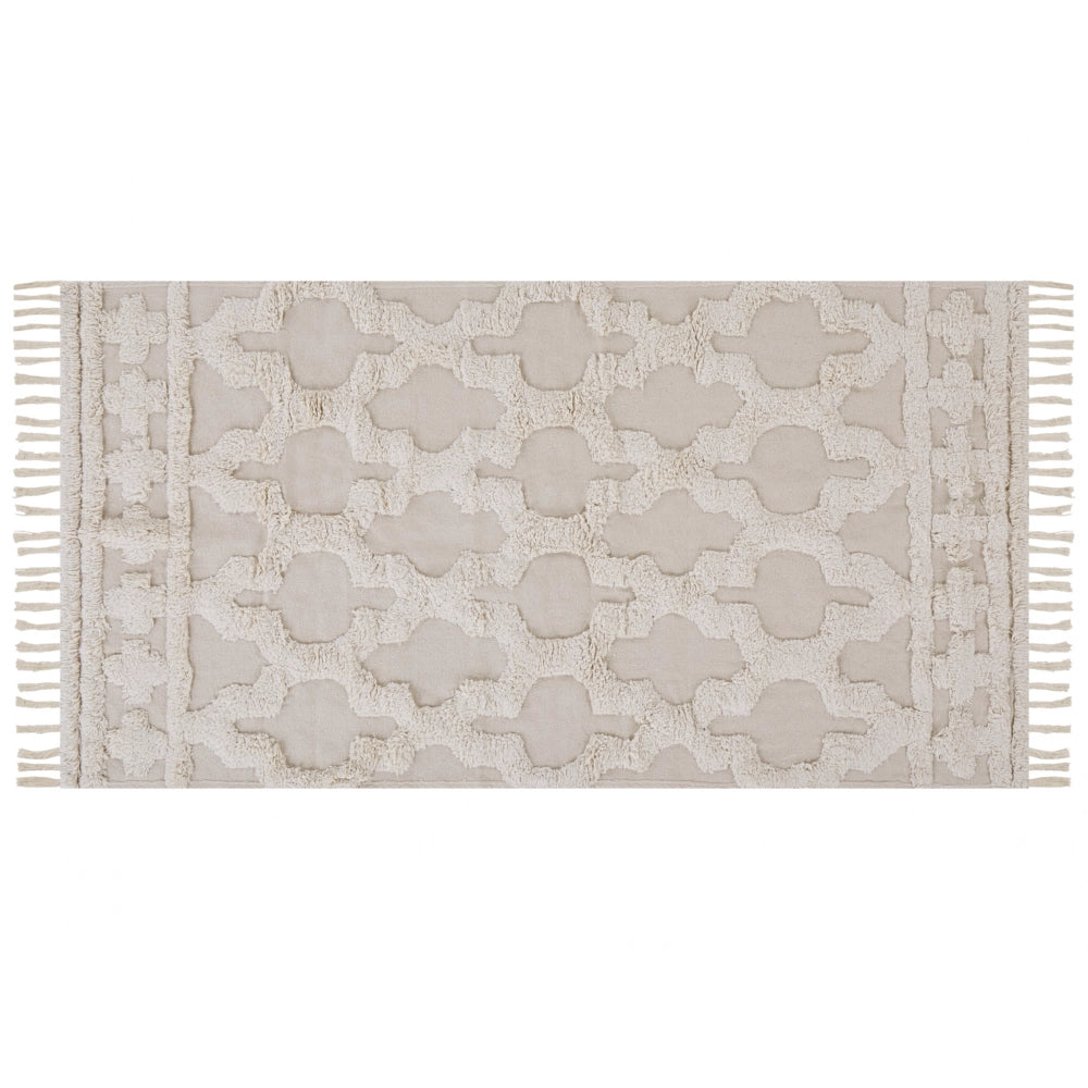 Tappeto in cotone beige 80 x 150 cm trapuntato marocchino motivo quadrifoglio nappe soggiorno camera da letto