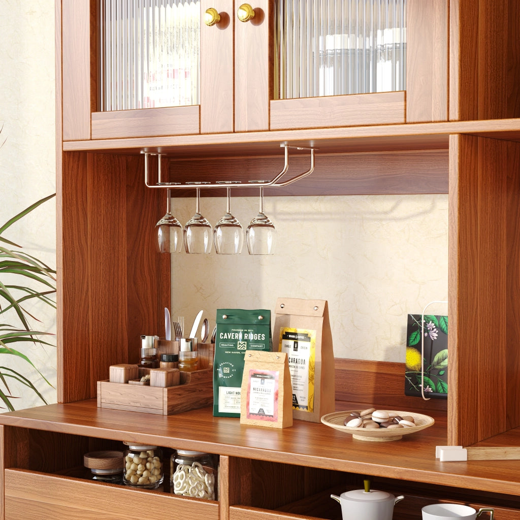 Credenza Alta da Cucina con Vani Aperti; Anta in Vetro Cannelato e Portabottiglie; in MDF; 145 x 39 x 171 cm