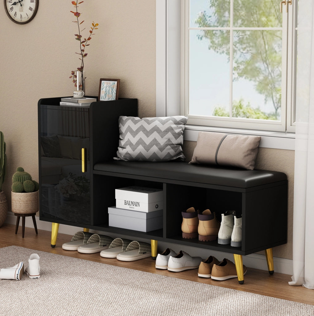 Scarpiera con panca 120x35x71;5 cm nera lucida con ripiani regolabili HOMVRA