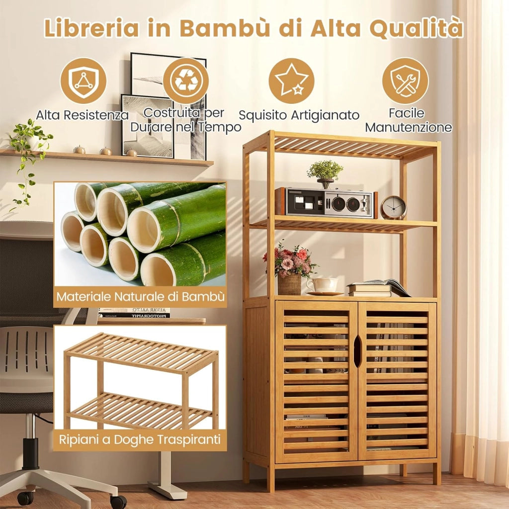 Scaffale in Bambù con Ante, Libreria a 4 Ripiani con Mensole Aperte e Armadio con Persiane, Organizzatore di Stoccaggio per Soggiorno Studio Cucina, 60 x 33 x 116 cm