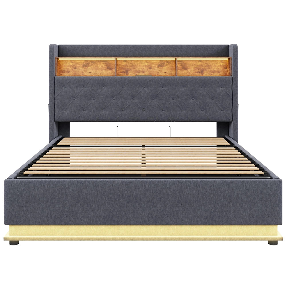 Letto matrimoniale-Xylo-180x200 cm-LED, USB, idraulico, lino, grigio