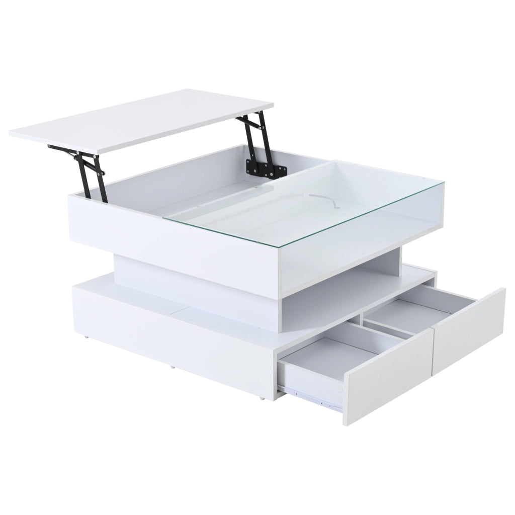 Tavolino da caffè alzabile con 2 cassetti; LED e vano nascosto per soggiorno bianco 80×80×45 cm
