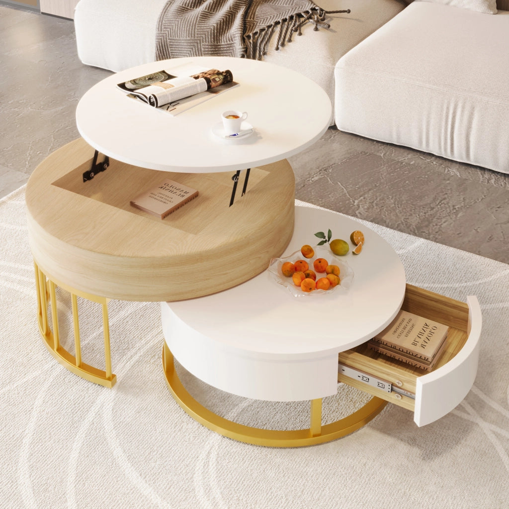 Set di 2 tavolini rotondi a incastro in MDF; piano elevabile; cassetto; bianco e oro