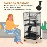 Gabbia per Piccoli Roditori in Acciaio, Gabbietta per Porcellini d'India e Cincillà con 3 Piani, 4 Ruote, Amaca e Vassoio Rimovibile, 52 x 52 x 113.5cm, Grigio Argento