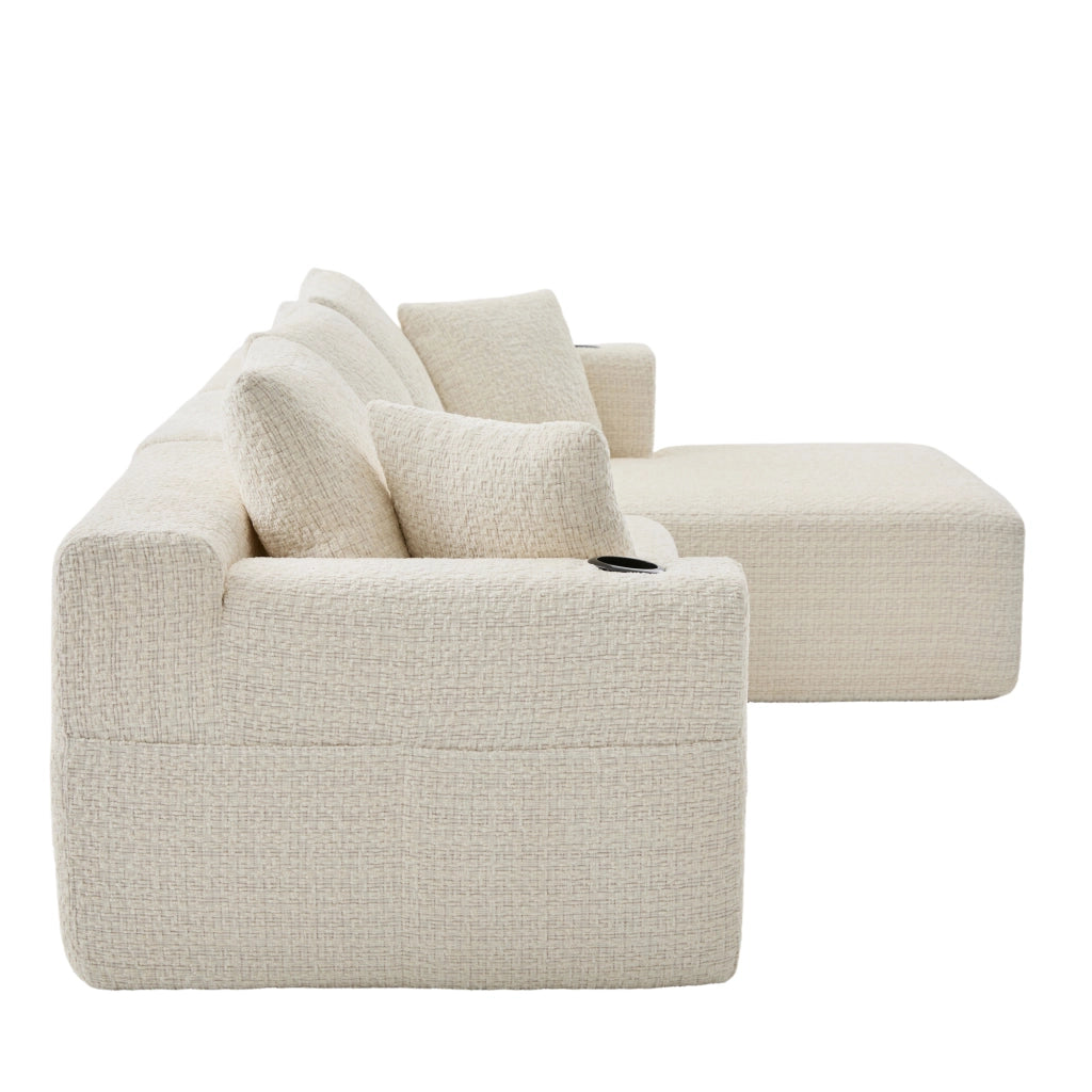 Divano angolare modulare in ciniglia con tasche laterali e seduta ampia, senza montaggio, beige 261 × 165 × 80 cm