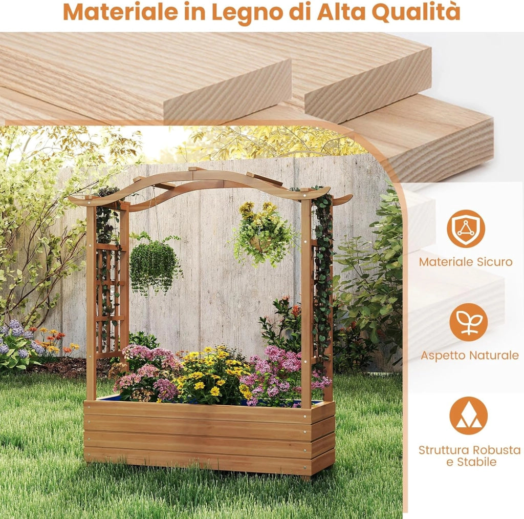 Letto da Giardino Rialzato, Fioriera in Legno con Tetto Sospeso, 2 Tralicci Laterali, Contenitore Inferiore, per Fiori, Verdure e Piante Rampicanti, Aiuola Elevata per Giardino e Terrazzo