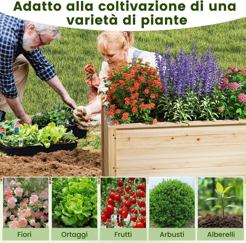 Letto da Giardino Rialzato in Legno, Fioriera Elevata con Base Aperta per Piante con Radici Profonde, Fioriera in Legno Massiccio per Patio, Balcone e Giardino, 100 x 64 x 65,5 cm