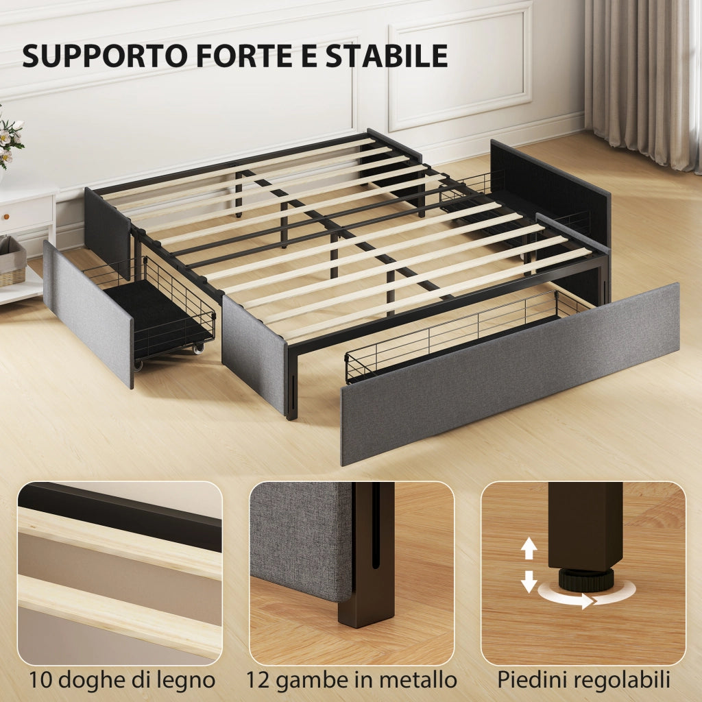 Struttura Letto Matrimoniale 165x193x30 cm a Doghe con 3 Cassetti in Legno Poliestere e Metallo Grigio