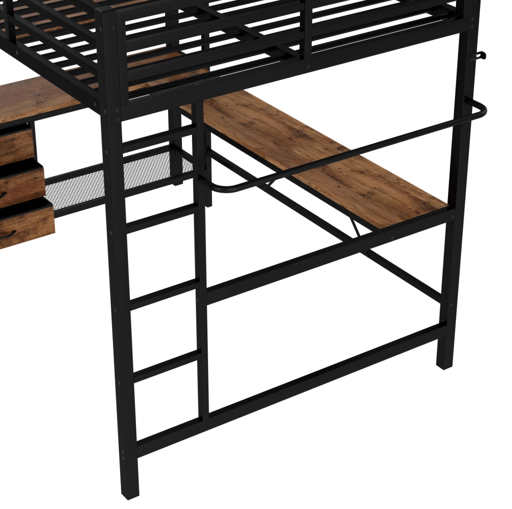 Letto a soppalco 140x200 cm nero con scrivania, USB, cassetti e luce ambiente