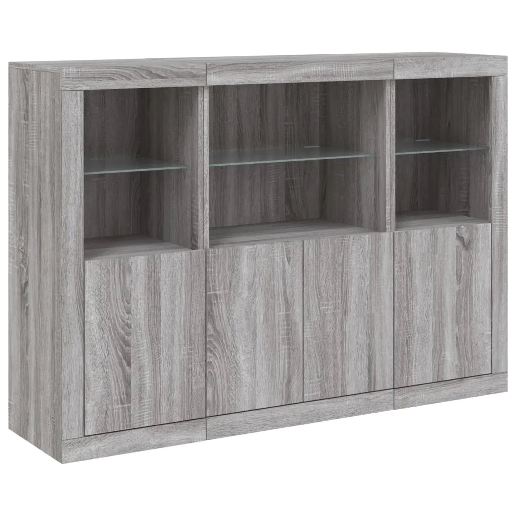 Credenze con Luci LED 3 pz | Madia | Buffet da pranzo | Armadio da pranzo Grigio Sonoma in Legno Multistrato