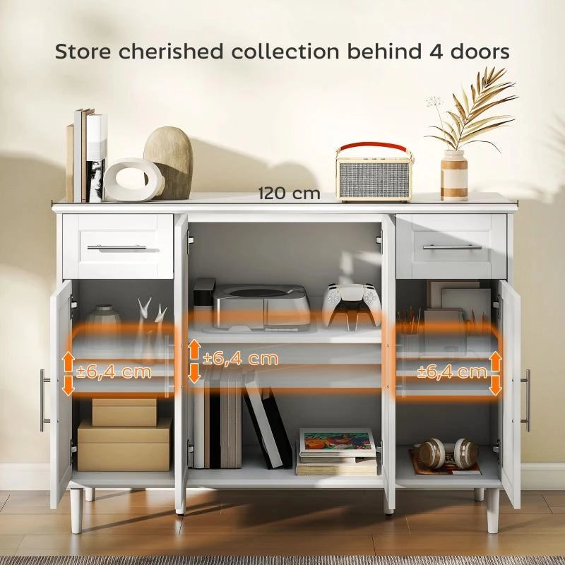 CREDENZA BUFFET ELEGANTE CON 2 CASSETTI E 3 ARMADIETTI CON RIPIANI REGOLABILI, IN LEGNO, 120X38X86 CM, BIANCO