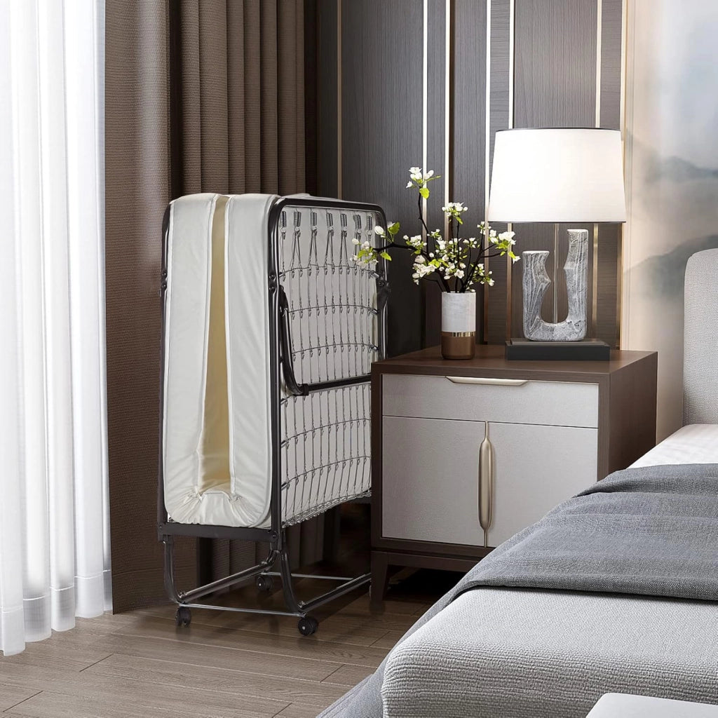 Letto Singolo Pieghevole, Portata di 120 kg, Letto Pieghevole con Materasso e 4 Ruote, 4 Gambe in Mettallo, Fibbia Fissata, 80 x 190 cm, Materasso di 10 cm, Ideale per Viaggio e di Riserva