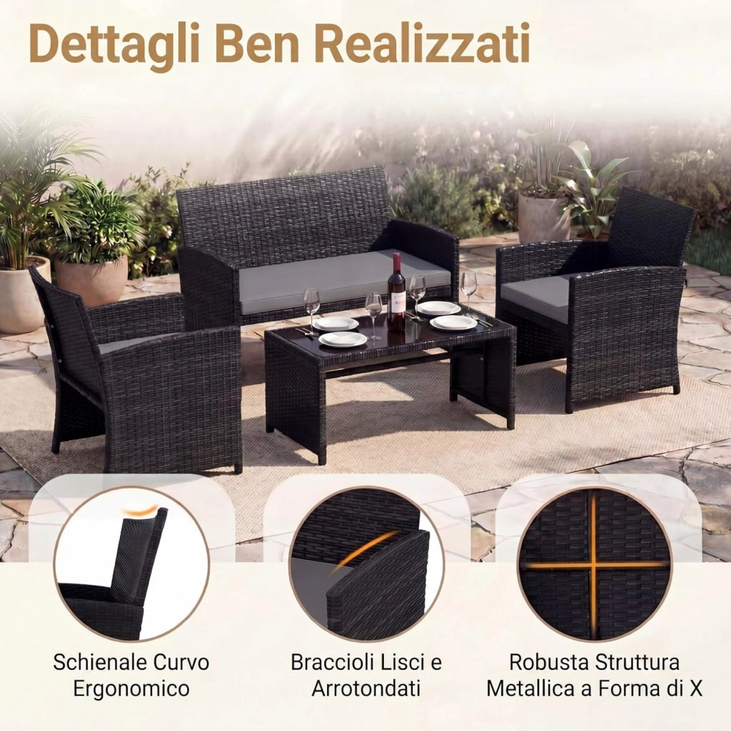 Set Mobili da Giardino in Rattan PE, Divano a 2 Posti e 2 Poltrone con Cuscini Comfort, Tavolino con Piano in Vetro, Arredo da Esterno per 4 Persone per Patio, Balcone, Cortile (Nero+Grigio)