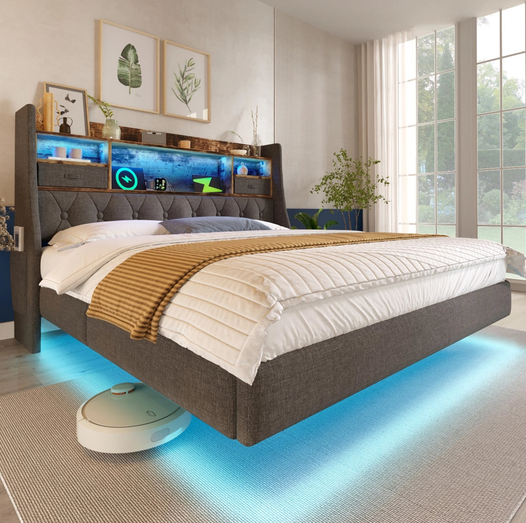 Letto imbottito grigio 160x200 cm con LED, testiera portaoggetti e ricarica USB