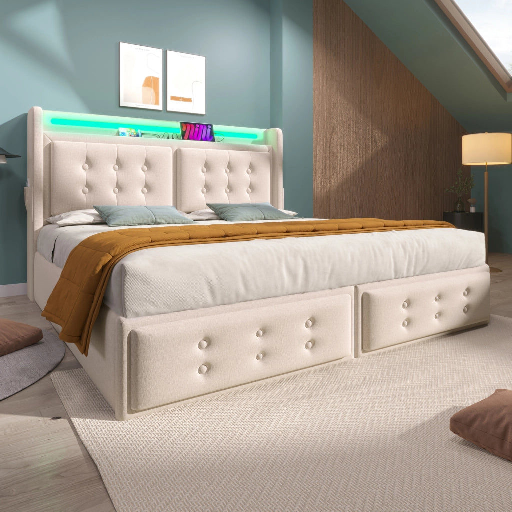 Letto matrimoniale 140x200 cm con contenitore; testiera con prese USB e Type-C; LED; beige
