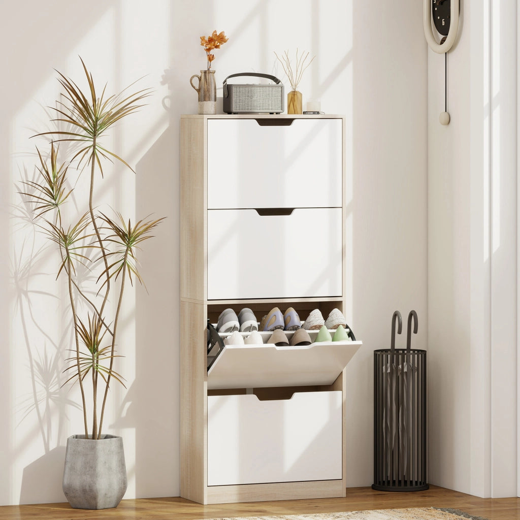 Scarpiera a 4 Cassetti Salvaspazio ¨C zephmum ¨C Legno e Bianco 62.5x26x156 cm