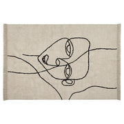 Tappeto beige e nero in cotone 140 x 200 cm rettangolare con frange motivo viso motivo astratto stile boho moderno per soggiorno camera da letto