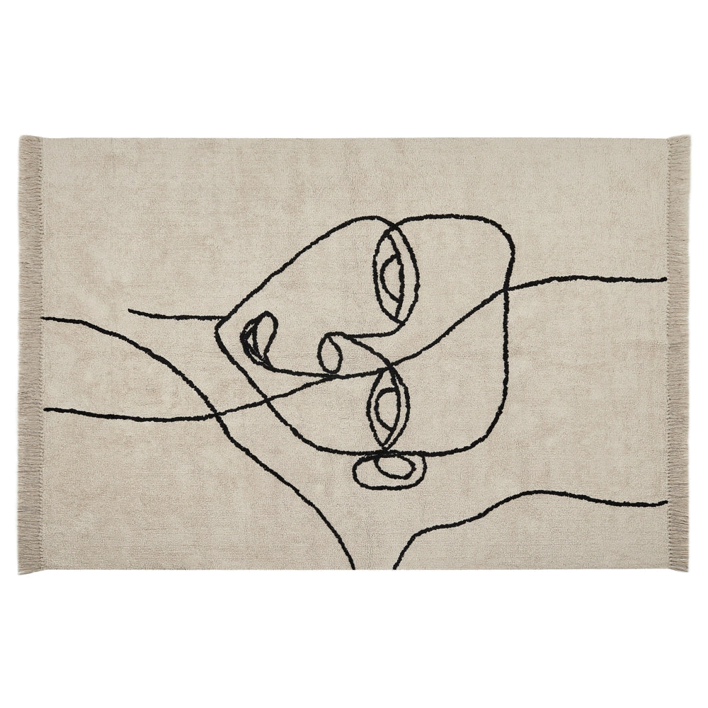 Tappeto beige e nero in cotone 140 x 200 cm rettangolare con frange motivo viso motivo astratto stile boho moderno per soggiorno camera da letto