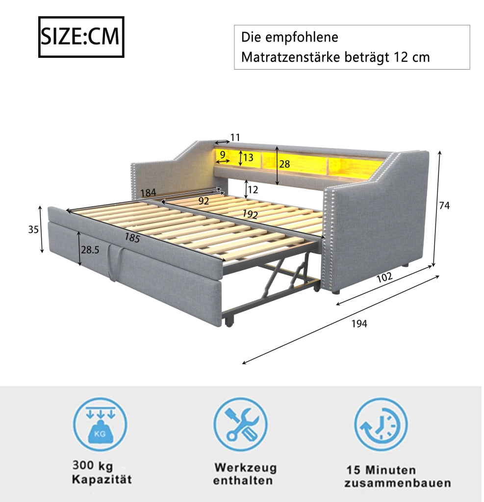 OKWISH Letto a Divano 90×190 cm, Letto Singolo con Letto Estraibile, 3 Ripiani, LED Regolabile e USB, senza Materasso, Grigio Chiaro