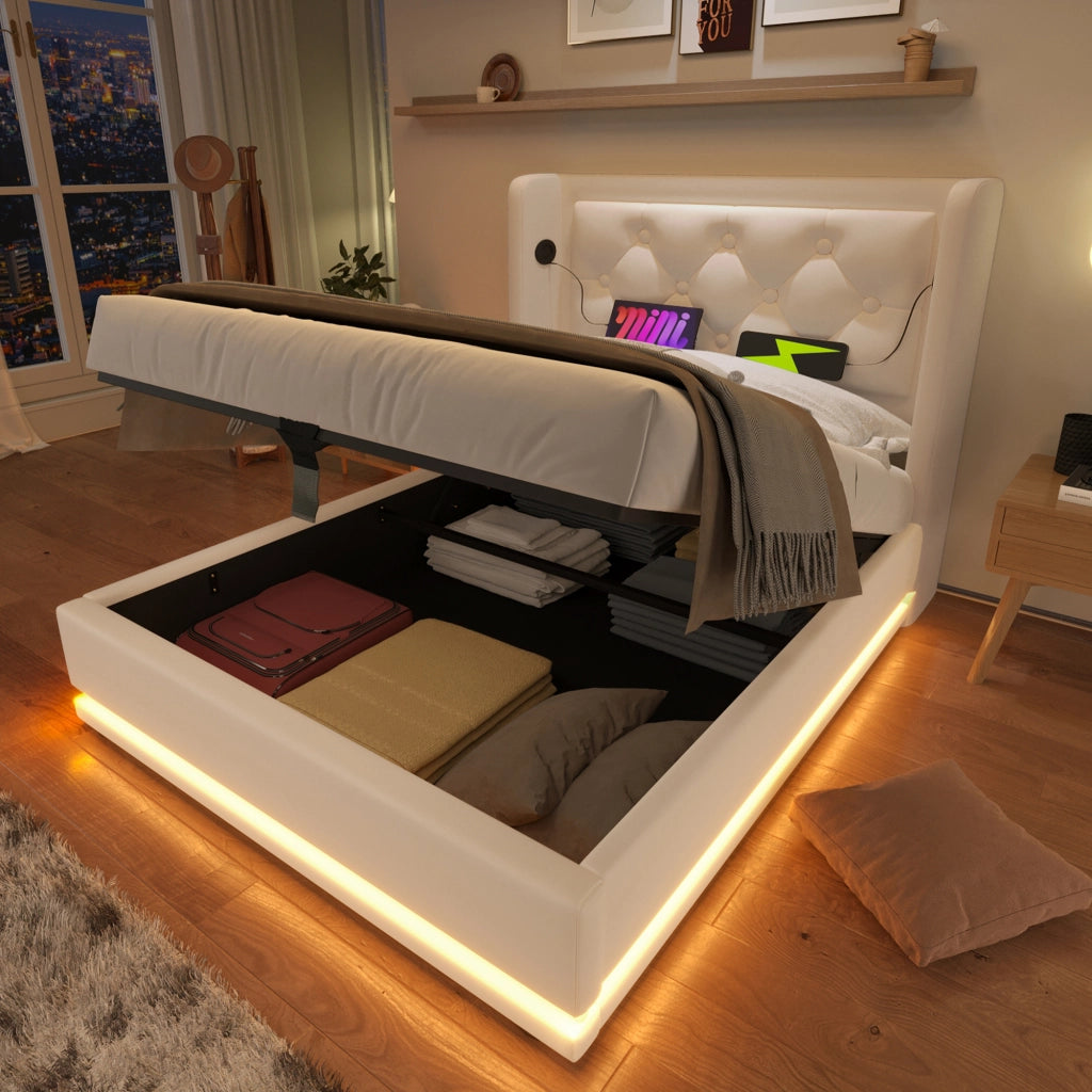 LETTO Imbottito 90x200 cm in PU Bianco con USB Tipo-C e LED, contenitore idraulico
