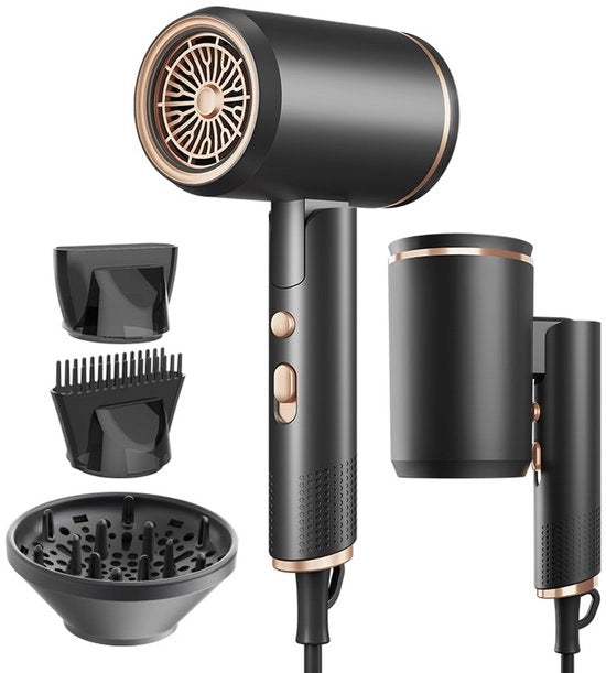 Haardroger portatile ionico - Mini-haardroger pieghevole con diffusore, concentratore e accessorio per capelli; regolazione intelligente della temperatura; silenzioso; adatto per uso domestico, salone e viaggio (nero)