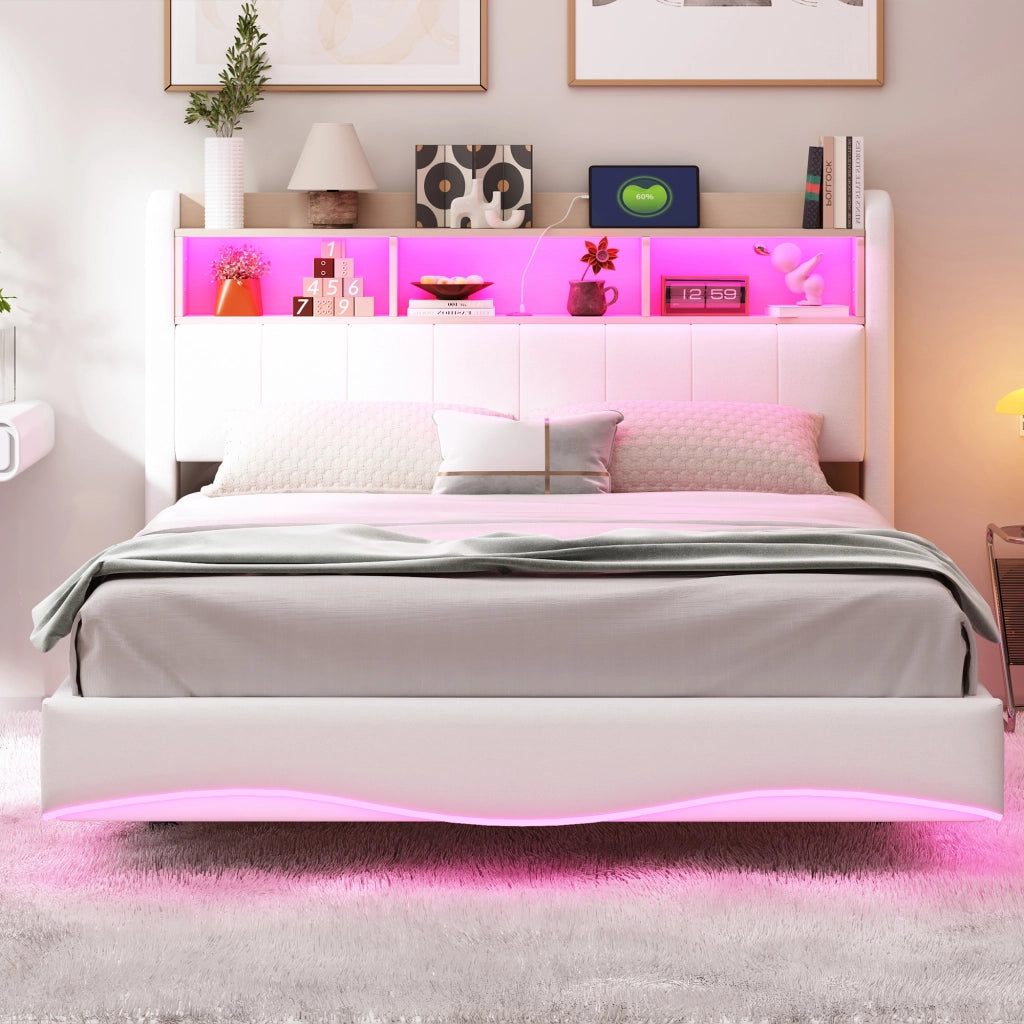 Letto imbottito sospeso 140x200 cm con LED, porte USB e Type-C, contenitore testiera, beige