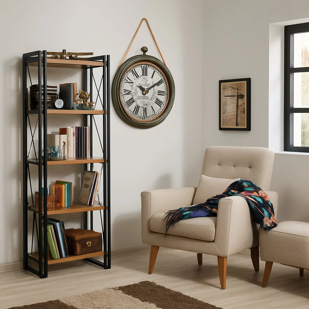 Libreria Demetria, Scaffale da ufficio, Mobile portalibri, Biblioteca, 60x35h180 cm, Quercia e Nero
