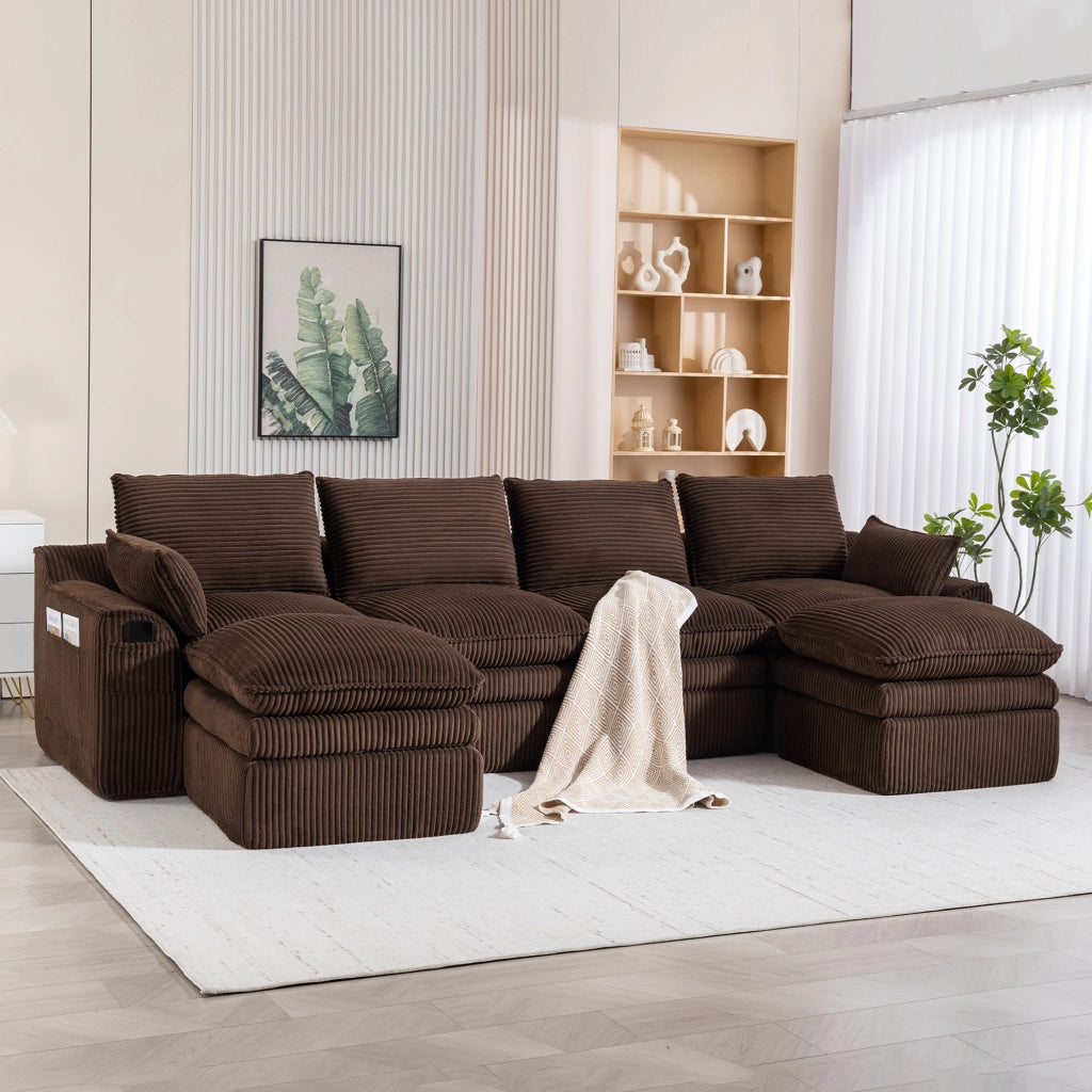 Divano modulare 4 posti in tessuto a coste con cuscini e tasche laterali e comfort a molle marrone 335 × 167 × 85 cm