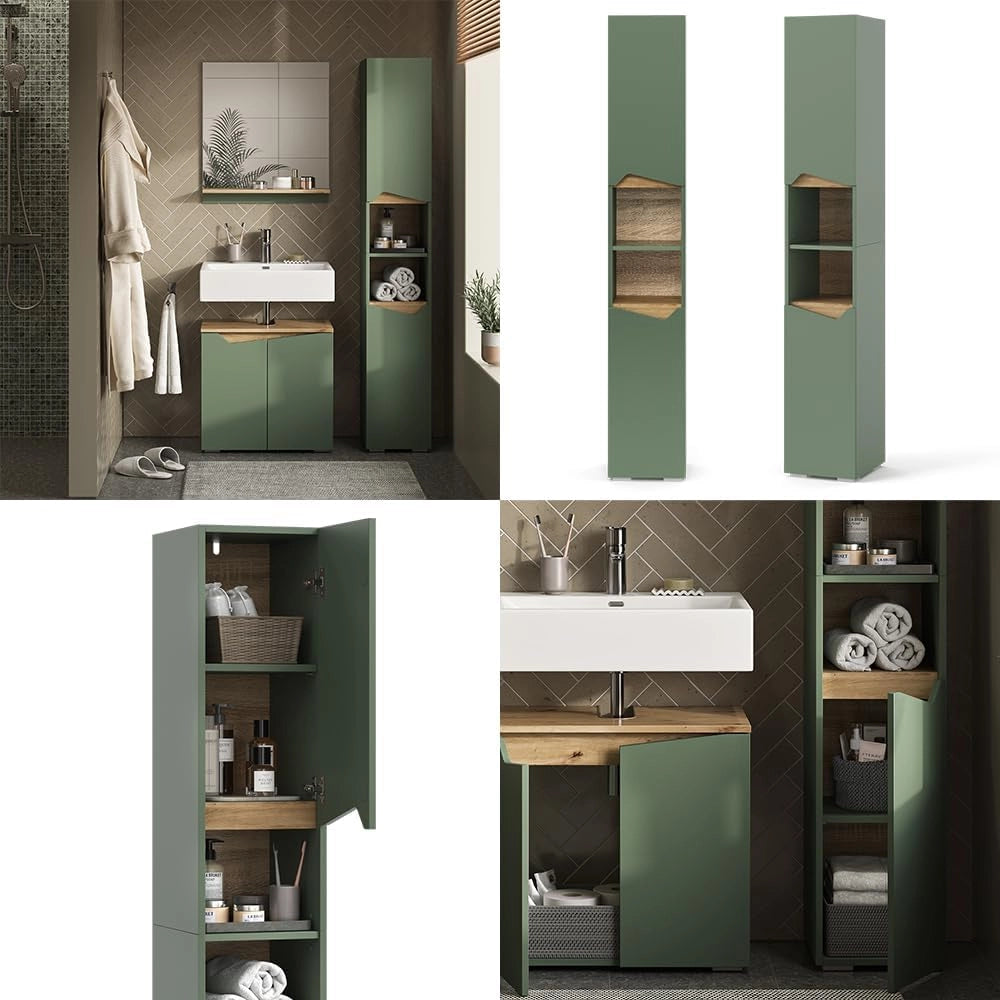 Mobile da bagno Marelle, Verde/Artigianale, 30 x 180 cm Con porte e vani aperti, per la conservazione di articoli da bagno e asciugamani