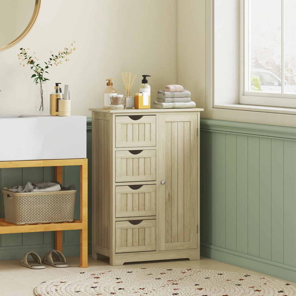Armadietto Bagno Stretto con Cassetti e Ripiano Regolabile ¨C zephmum ¨C Legno Naturale 56x30x83 cm