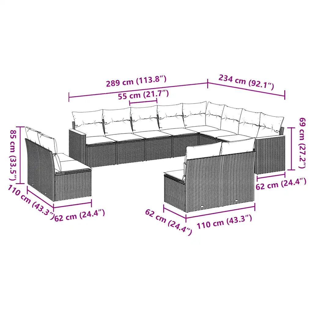 Set Divani da Giardino 12 pz con Cuscini Nero in Polyrattan 3258871