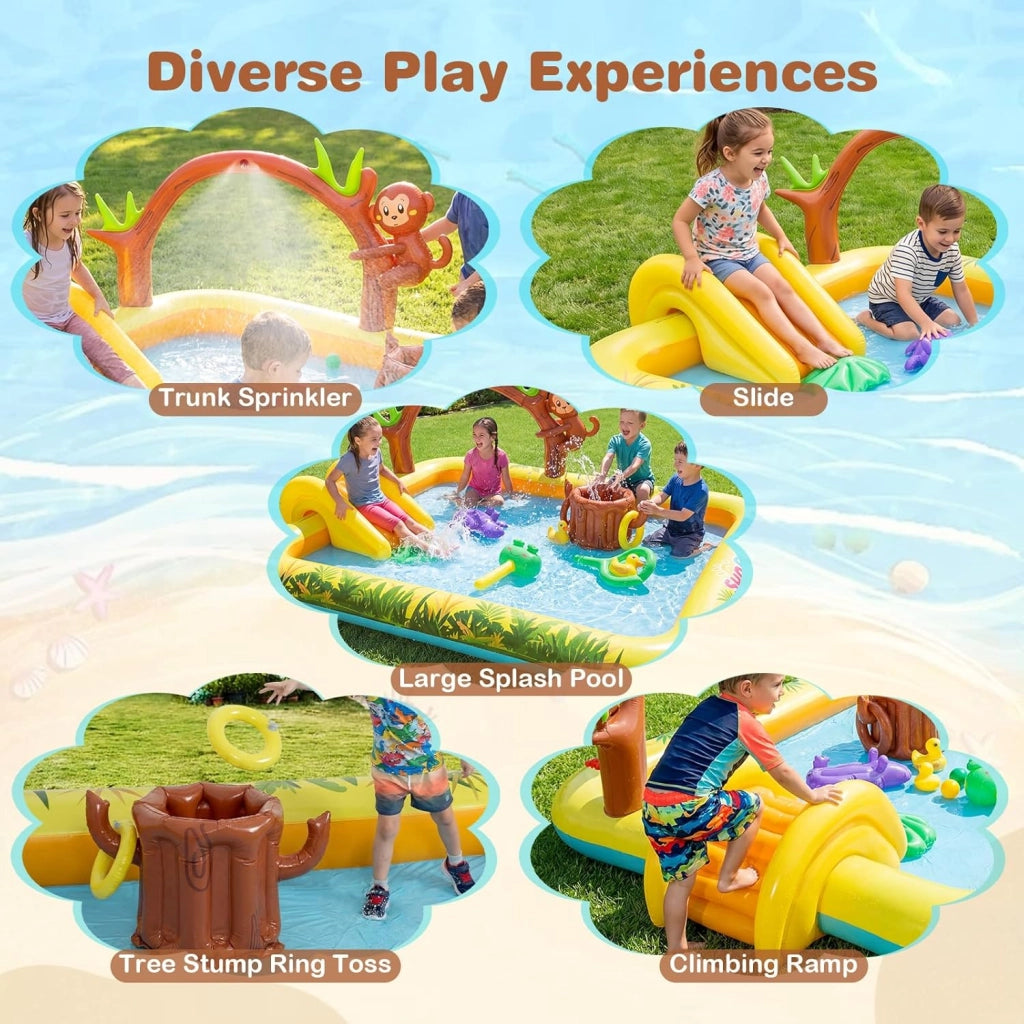 Piscina Gonfiabile per Bambini, Piscinetta Fuori Terra con Scivolo, Giocattoli di Scimmia, Ippopotamo e Anatra, Parco Gioco Acquatico Esterno per Giardino e Cortile, per Bambini 2-6 Anni