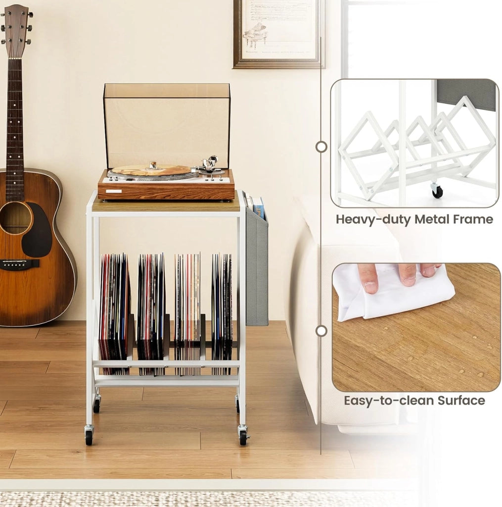 Supporto per Giradischi con Ruote, Mobile Vinili con Sacchetto di Stoffa e Ripiano, Espositore per Dischi per Presentazioni in Metallo per Ufficio, Soggiorno, Camera da Letto (Naturale)