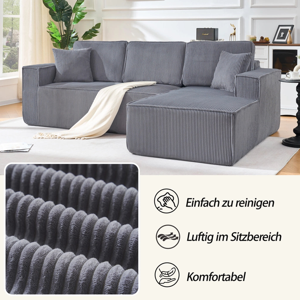 Divano angolare convertibile 2 posti con chaise longue, in velluto a coste, Grigio