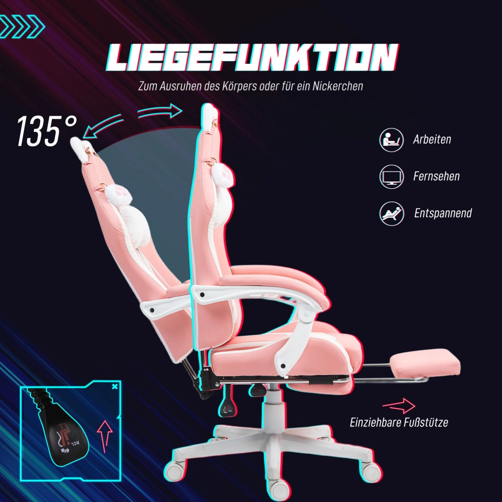 Sedia da ufficio gaming con supporto lombare, poggiapiedi, orecchie e zampe di gatto, in similpelle rosa