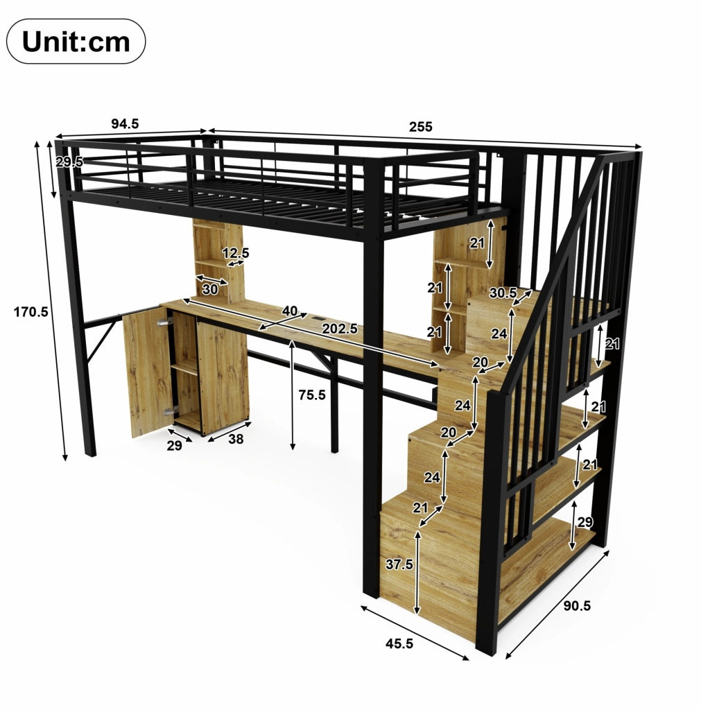 Letto a soppalco 90 x 200 cm con scrivania, scala contenitore e USB