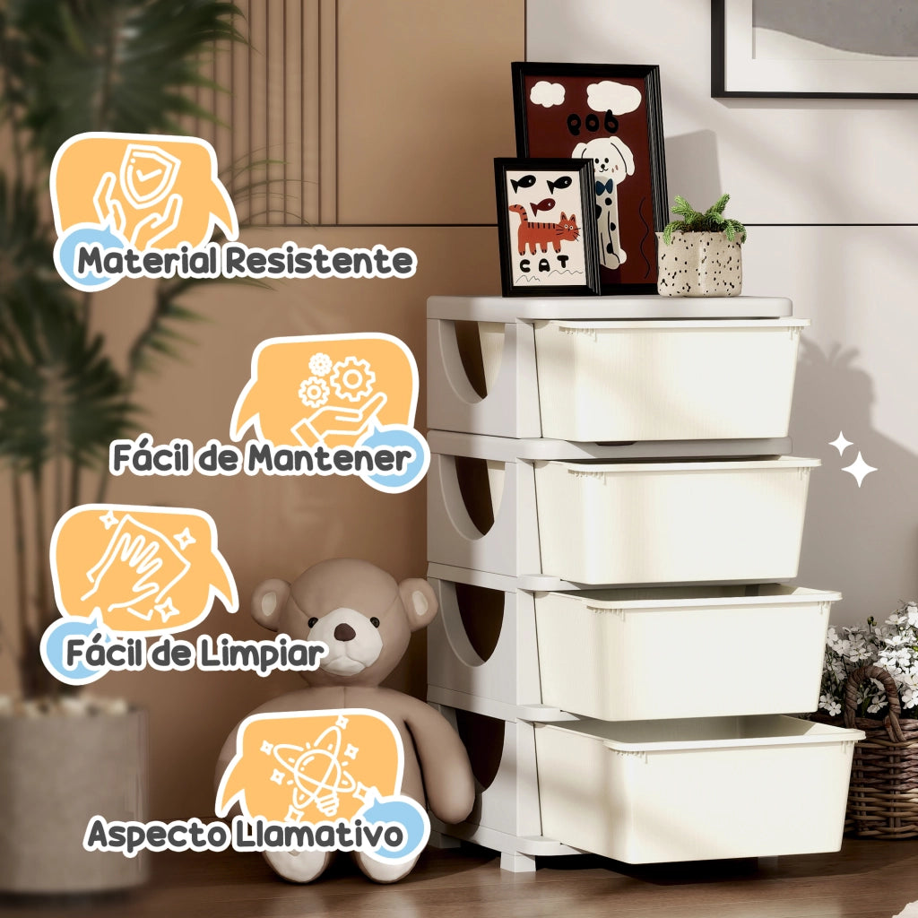 Cassettiera 4 Cassetti per Bambini con Maniglie ¨C zephmum ¨C Crema 37x37x76 cm