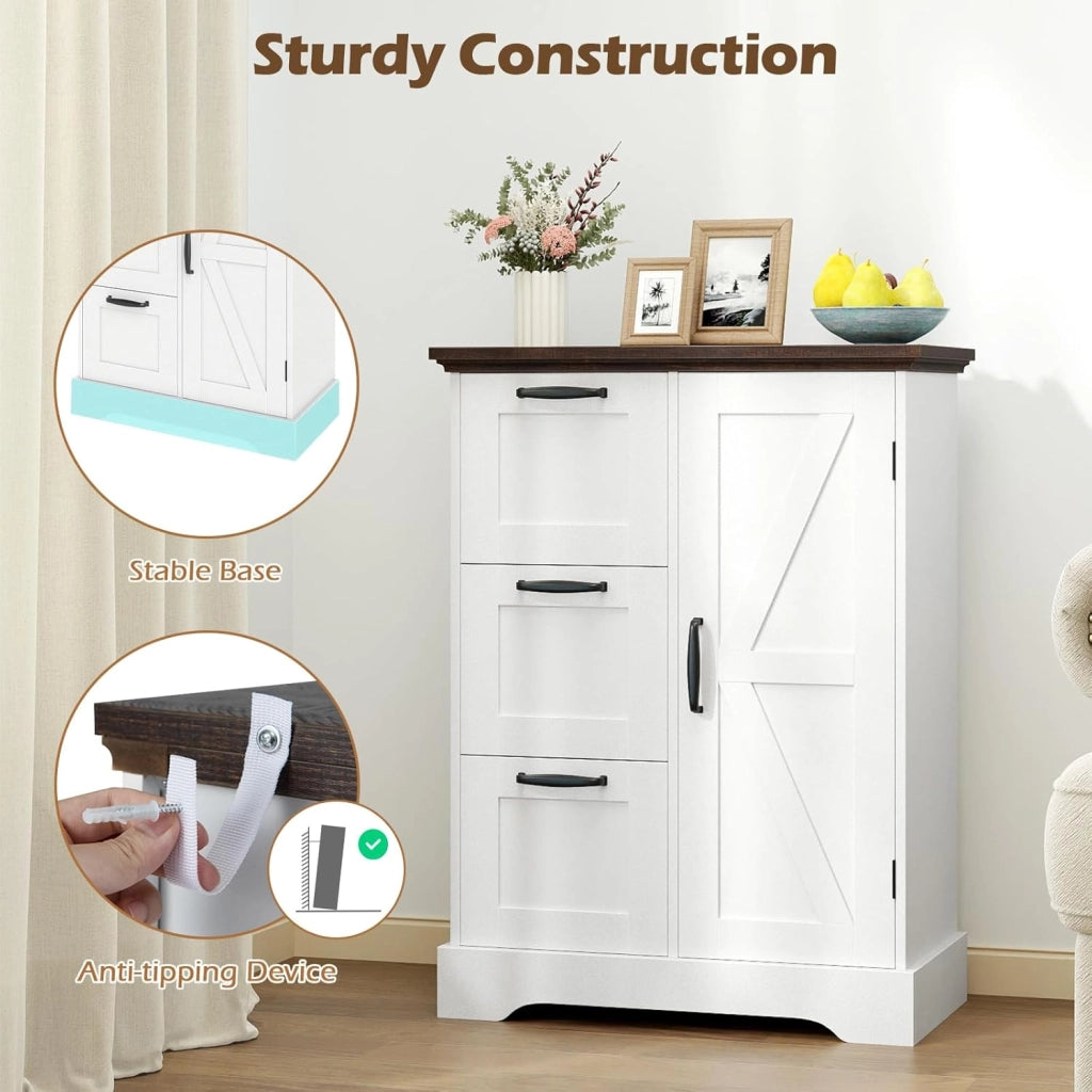 Credenza Cucina con 3 Cassetti e Armadio con Ante, Mobile Cucina Dispensa con Kit Antiribaltamento, Mobiletto Cucina, per Soggiorno, Sala da Pranzo, 60 x 30 x 80 cm (Bianco)