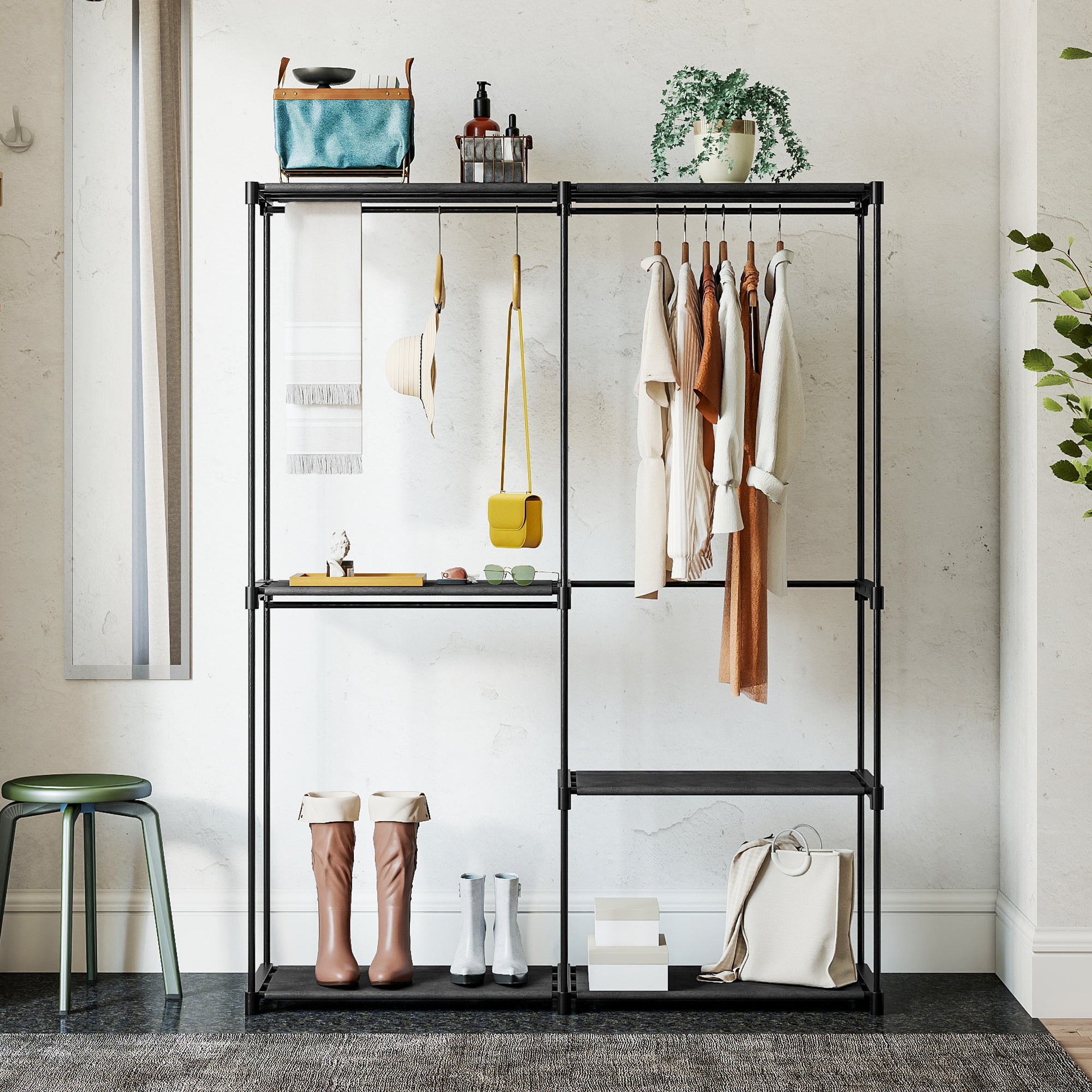 Armadio Guardaroba con 2 Aste e 4 Ripiani 142x43x185 cm in Tessuto Plastica e Acciaio Nero