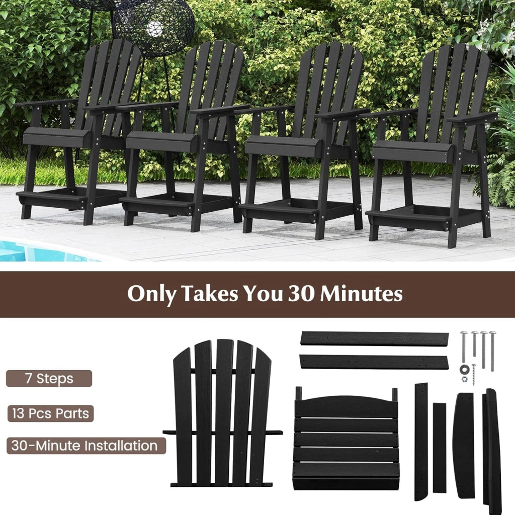 Sedia alta da giardino con poggiapiedi, sedia Adirondack in HDPE, seduta esterna con braccioli e schienale, sgabello per patio, terrazza, balcone, carico 150 kg, 70 x 85 x 119 cm (nero)