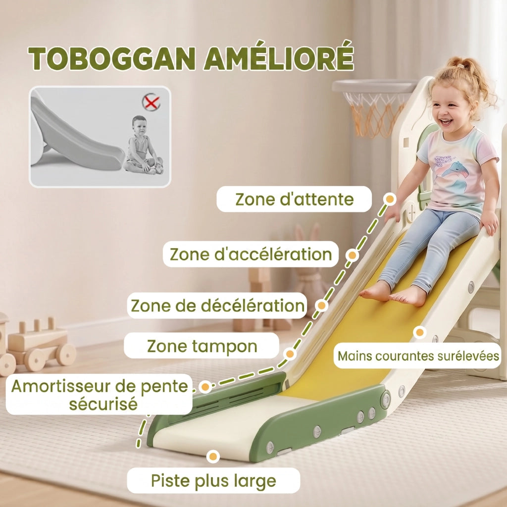 Scivolo per Bambini Pieghevole 5 in 1 con Canestro da Basket e Contenitore, per Casa, Crema