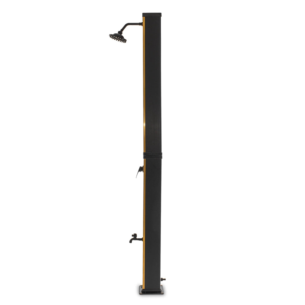 Surya Gold - Doccia solare da giardino 40L in PVC. Doccia a riscaldamento solare Doccia da esterno con rubinetteria in acciaio e soffione orientabile. Colore oro e nero opaco.