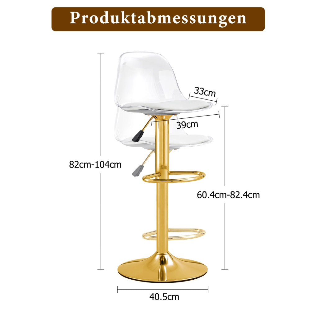 Set di 2 sgabelli da bar regolabili 82-104 cm girevoli 360°; metallo dorato e plastica trasparente